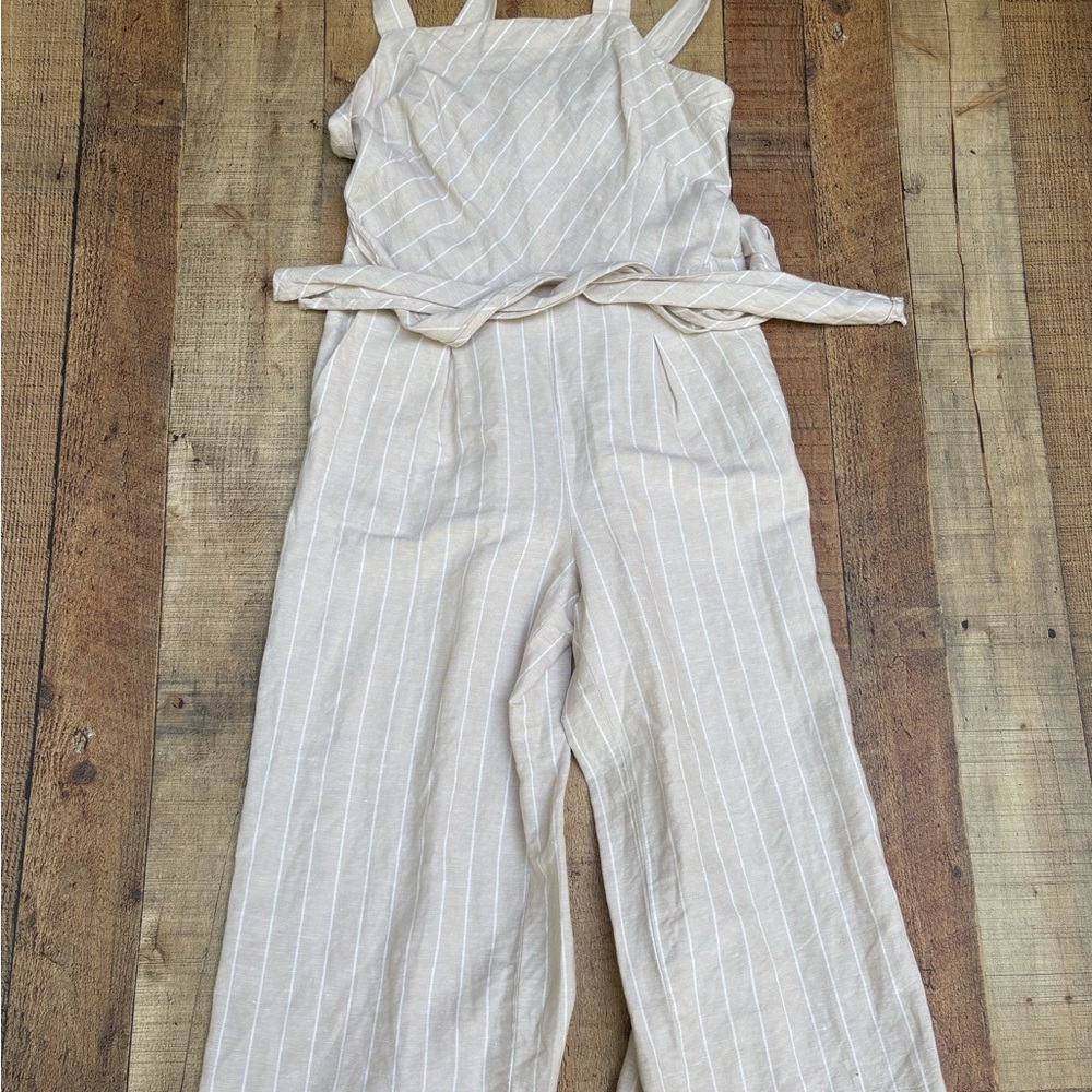 DKNY Beige and White Linen Blend Striped Jumpsuit